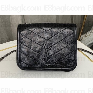 Saint Laurent Niki Chain Wallet Bag in Crinkled Vintage Leather 583103 Black