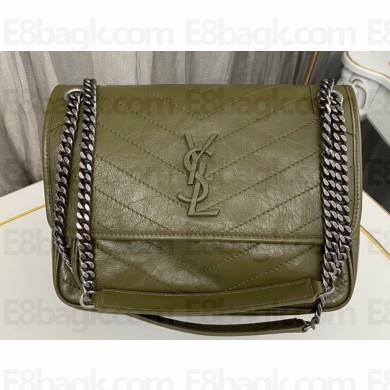 Saint Laurent Niki medium Bag in Crinkled Vintage Leather 633158 Olive Green
