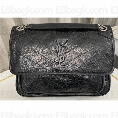 Saint Laurent Niki medium Bag in Crinkled Vintage Leather 633158 Black/Silver