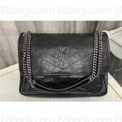 Saint Laurent Niki Large Bag in Crinkled Vintage Leather 498883 Black/Silver