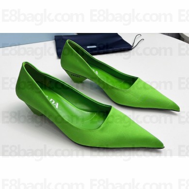Prada Heel 4cm Satin Pointed Toe Pumps Green Spring 2024