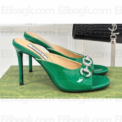 Gucci Heel 9.5cm leather Horsebit with crystals mid-heel slide sandals 771693 Patent Green 2024