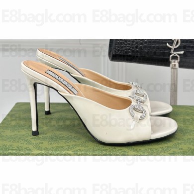 Gucci Heel 9.5cm leather Horsebit with crystals mid-heel slide sandals 771693 Patent White 2024