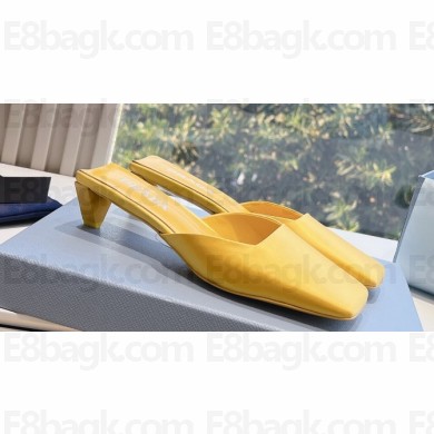 Prada Heel 3cm Satin Square Toe Mules Yellow Spring 2024