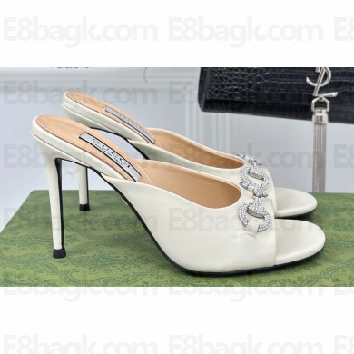 Gucci Heel 9.5cm leather Horsebit with crystals mid-heel slide sandals 771693 White 2024