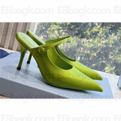 Prada Heel 9cm Satin Mules with Strap Green Spring 2024