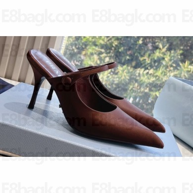 Prada Heel 9cm Satin Mules with Strap Coffee Spring 2024