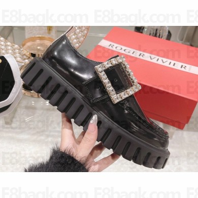 Roger Vivier Viv’ Go-Thick Strass Buckle Loafers in Brushed Leather Black 2024