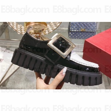 Roger Vivier Viv’ Go-Thick Metal Buckle Loafers in Patent Leather White/Black 2024