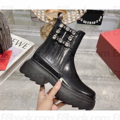 Roger Vivier Wallaviv Strass Buckle Chelsea Ankle Boots in Brushed Leather Black 2024