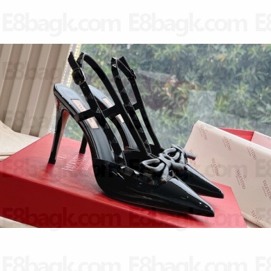 Valentino Heel 10cm Rockstud Bow patent leather slingback pumps Black Spring 2024