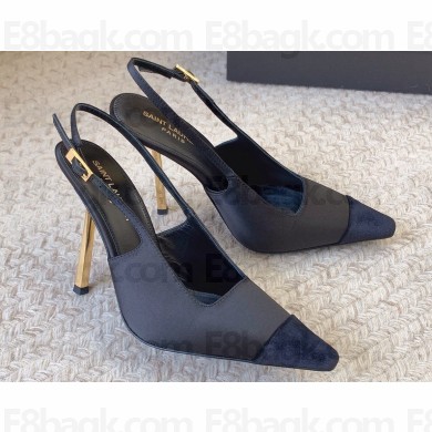 Saint Laurent Heel 11cm ines slingback pumps in satin 7691039 Black 2024