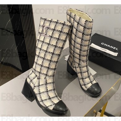 Chanel Heel 6.5cm CC Logo High Boots Tweed Check Beige 2024