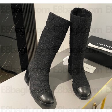 Chanel Heel 6.5cm CC Logo High Boots Tweed Black 2024