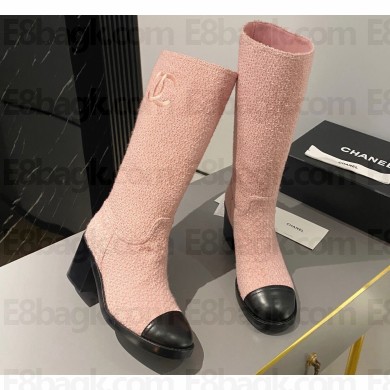 Chanel Heel 6.5cm CC Logo High Boots Tweed Pink 2024
