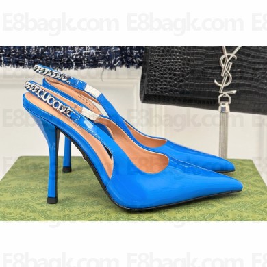 Gucci Heel 10cm patent leather Signoria slingback pumps 783821 Blue 2024