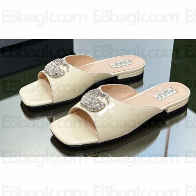Gucci leather Double G with crystals slide sandals 771586 Patent White 2024