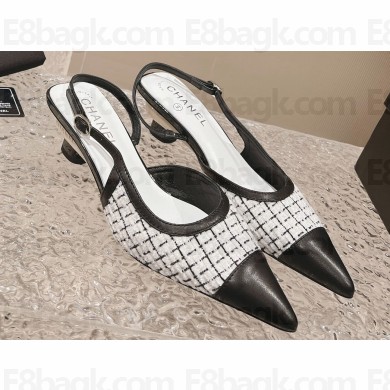 Chanel Heel 5cm Tweed and Leather Slingbacks White 2024