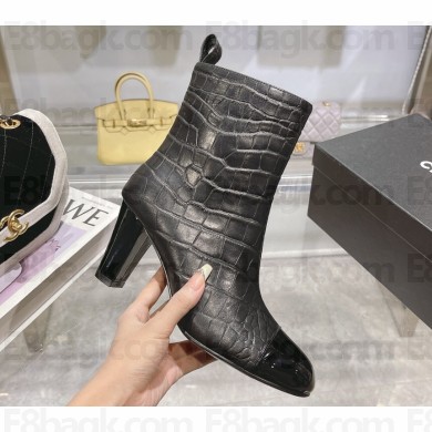 Chanel Heel 7.5cm Croco Pattern and Patent Calfskin Ankle Boots Black 2024