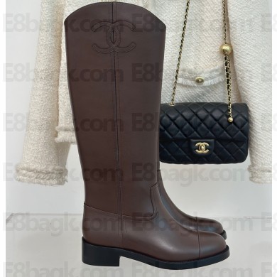 Chanel Heel 3cm CC Logo Calfskin Rider High Boots Coffee 2024