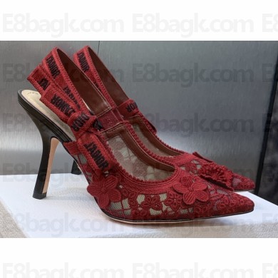Dior Heel 9.5cm J'Adior Slingback Pumps in Transparent Mesh Embroidered with Red 3D Macramé-Effect D-Lace Motif 2024