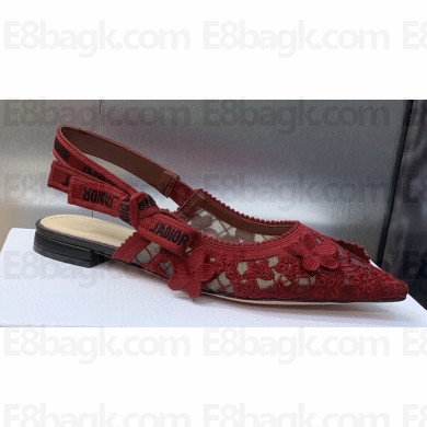Dior J'Adior Slingback Ballerina Flats in Transparent Mesh Embroidered with Red 3D Macramé-Effect D-Lace Motif 2024