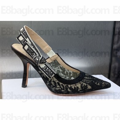 Dior Heel 9.5cm J'Adior Slingback Pumps in Transparent Mesh Embroidered with Black Butterfly Motif 2024