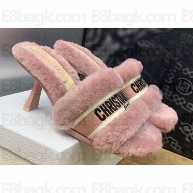 Dior Heel 8cm Dway Slide Sandals in Pink Shearling Fur and Embroidered Canvas 2024