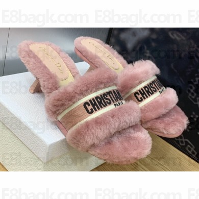 Dior Heel 6.5cm Dway Slide Sandals in Pink Shearling Fur and Embroidered Canvas 2024