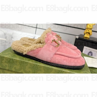Gucci Merinos wool lining mules with Horsebit 771061 leather Suede Pink 2024