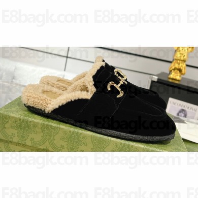 Gucci Merinos wool lining mules with Horsebit 771061 leather Suede Black 2024