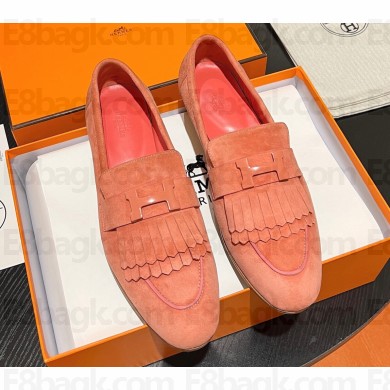 Hermes Royal loafer in suede goatskin Lobster Pink with fringe and tone-on-tone lacquered palladium-plated signature "H" detail