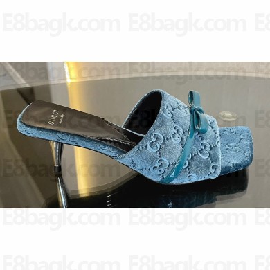 Gucci Heel 7cm GG velvet slide sandals with Patent leather bow detail 764182 Blue 2024