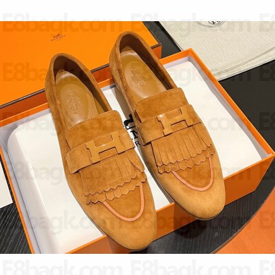 Hermes Royal loafer in suede goatskin Yellow with fringe and tone-on-tone lacquered palladium-plated signature "H" detail