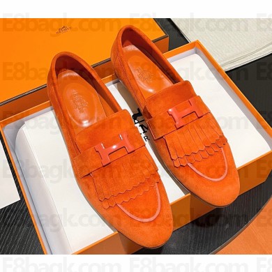 Hermes Royal loafer in suede goatskin Orange with fringe and tone-on-tone lacquered palladium-plated signature "H" detail