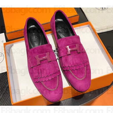 Hermes Royal loafer in suede goatskin Purple with fringe and tone-on-tone lacquered palladium-plated signature "H" detail