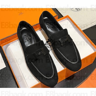 Hermes Paris loafer in suede goatskin Black with tone-on-tone signature "H" detail