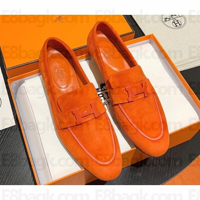 Hermes Paris loafer in suede goatskin Orange with tone-on-tone signature "H" detail