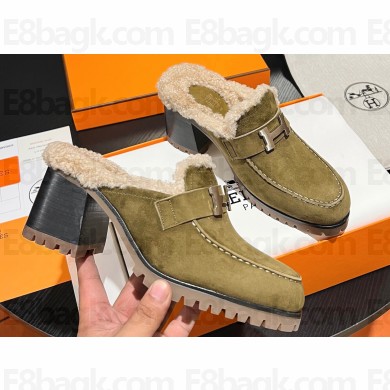 Hermes Heel 7.5cm Flore mule in suede goatskin Green with shearling lining 2024