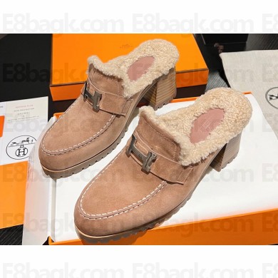 Hermes Heel 7.5cm Flore mule in suede goatskin Nude with shearling lining 2024