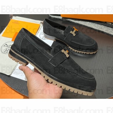 Hermes Faubourg loafer in suede goatskin Black with signature "H" detail 2024
