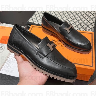 Hermes Faubourg loafer in calfskin Black with signature "H" detail
