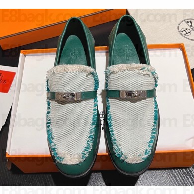 Hermes Destin loafer in calfskin Green and fringed H canvas with Kelly buckle
