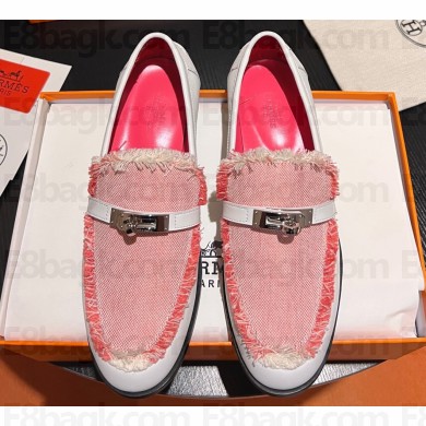 Hermes Destin loafer in calfskin White and fringed H canvas with Kelly buckle