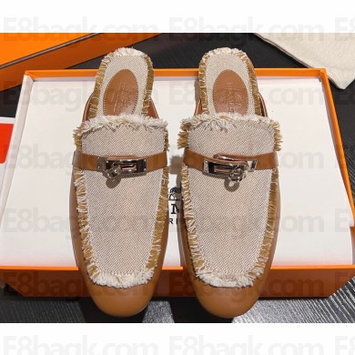 Hermes Oz mule in calfskin Brown and fringed H canvas with Kelly buckle