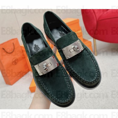 Hermes Hot loafer in suede goatskin vert foncé with palladium-plated oversized Kelly buckle 2024