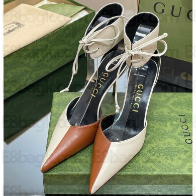 Gucci Heel 8.5cm leather Women's high heel pumps 717159 White/Brown 2024