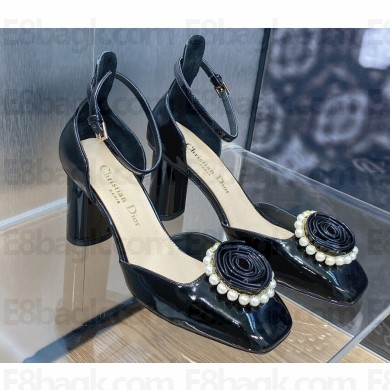 Dior Heel 8.5cm Rose Mary Jane Pumps in Black Patent Calfskin and White Resin Pearls 2024