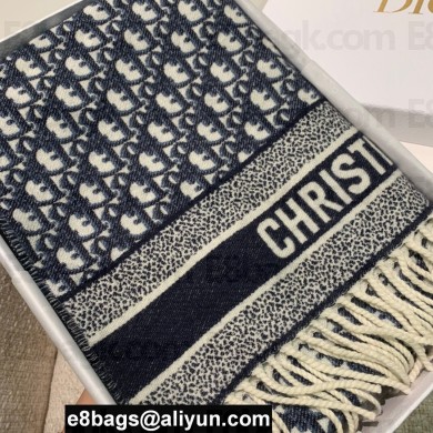 Dior Oblique Scarf in Navy Blue Cashmere and Wool 45x200cm 2024