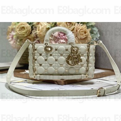 Dior Medium Lady D-Joy Bag in White Cannage Lambskin with Gold-Finish Butterfly Studs 2024